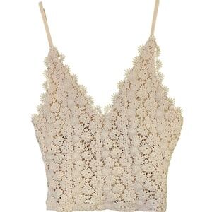 XXS H&M beige crochet triangle top crop bikini pullover shirt top lined triangle